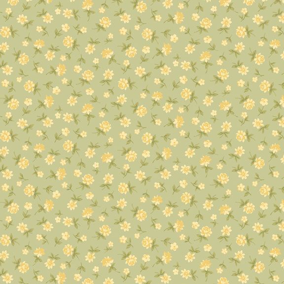 Sage green fabric with a pale yellow floral calico pattern. 