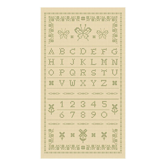 Cream colored panel featuring a light sage cross-stitching pattern with butterflies, letters, and numbers.
