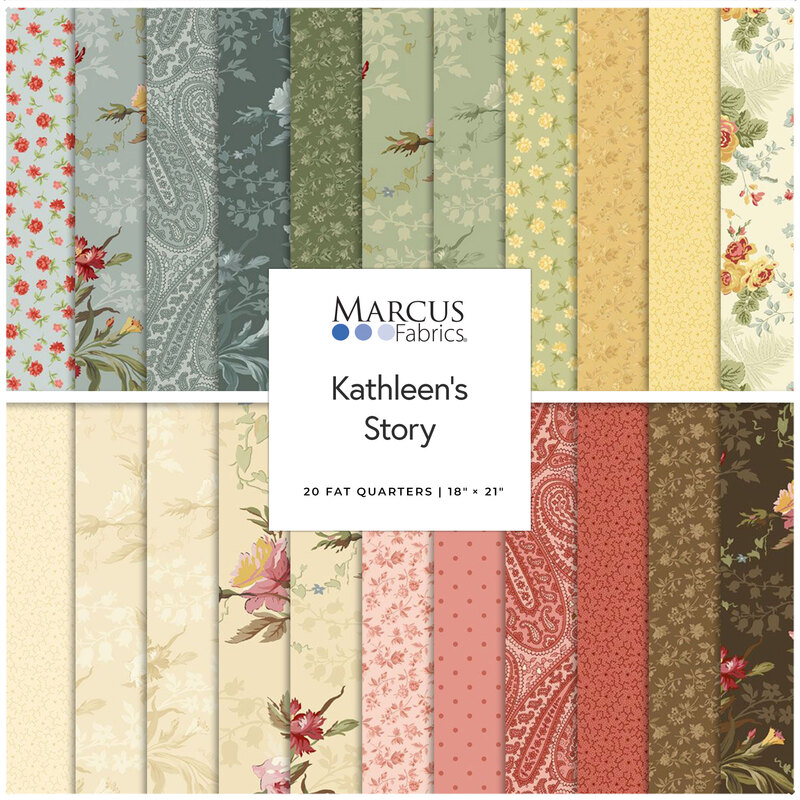 A collage of vintage floral fabrics in pastel blue, yellow, cream, pink, and muted brown. 