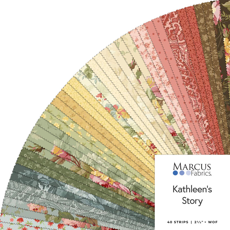 Fanned out collage of vintage pastel and dainty floral fabrics featured in the Kathleen's Story Collection.