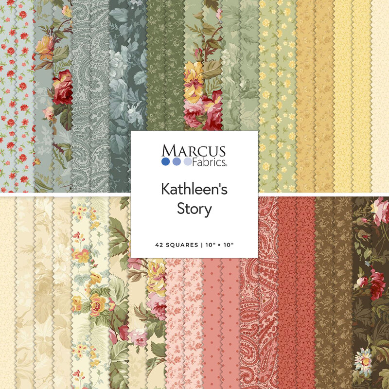 A collection of 42 fabric swatches in vintage pastels and dainty florals.