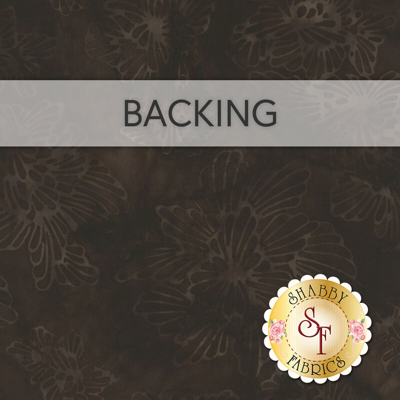 Smoky black batik fabric swatch with tonal floral silhouettes in gray, overlaid with a transparent banner that reads 