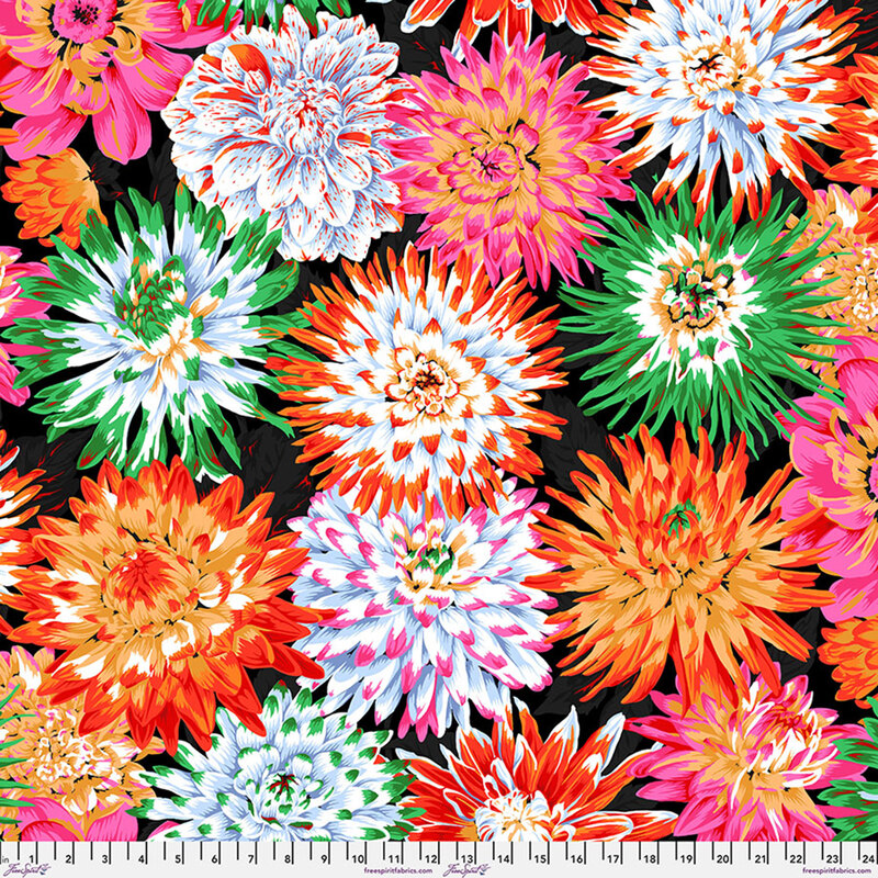 Black fabric with bright zinnias and chrysanthemums. 
