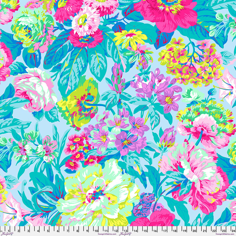 Light blue fabric with various bright garden flowers.