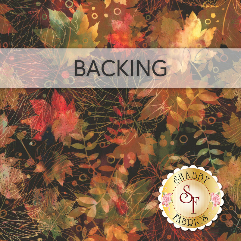 A swatch of dark brown fabric with watercolor leaves and bubble motifs. A banner at the top reads 