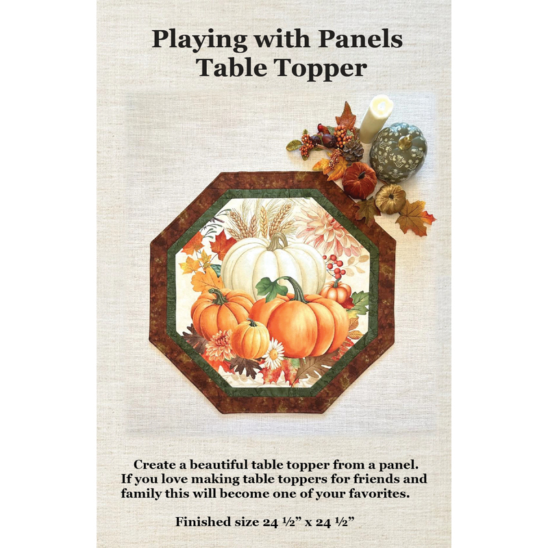 Front cover of the pattern showing a completed table topper on a thatched beige background in an autumn theme, staged with coordinating decor.