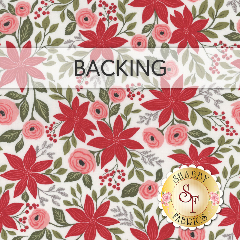 A white fabric swatch featuring a dense pattern of red poinsettias, pink roses, green leaves, and silver gray sprigs. A transparent banner at the top reads "Backing."