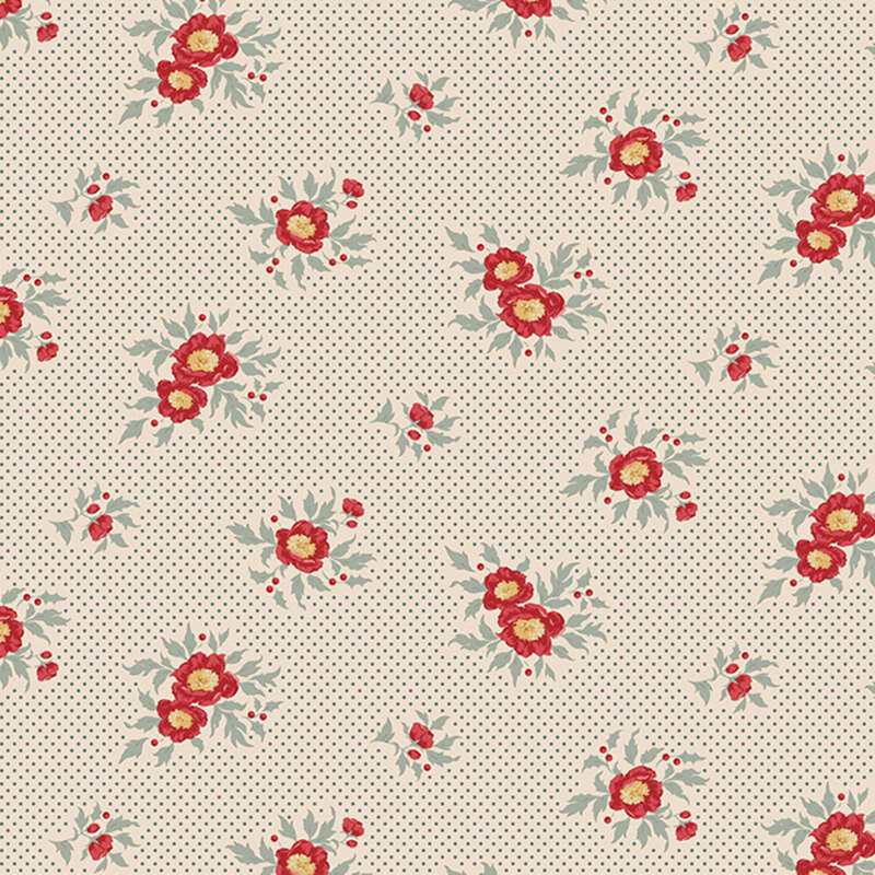 A repeated floral pattern featuring red flowers and blue leaves on a cream fabric.