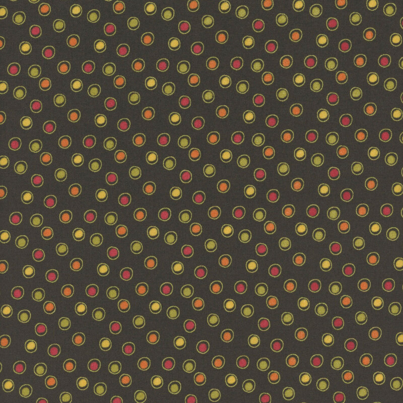 Brown fabric swatch with red, orange, yellow, and green dots inside yellow circles.