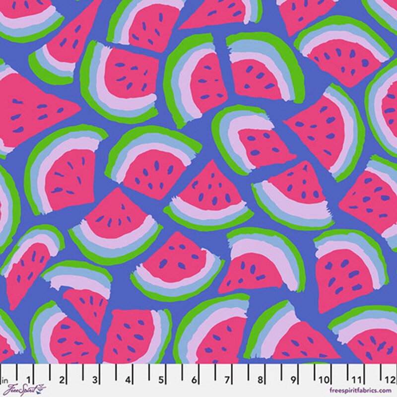 Blue fabric with a pattern of watermelon slices with a 12