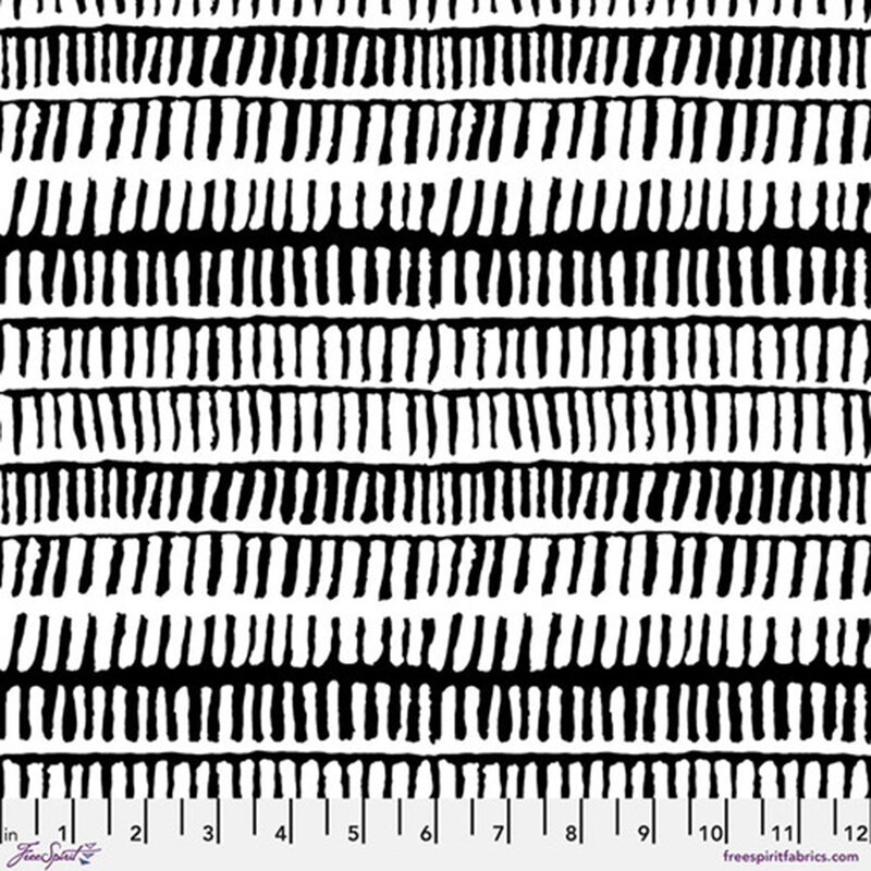 Fabric featuring black-and-white pattern of abstract stripes with a 12