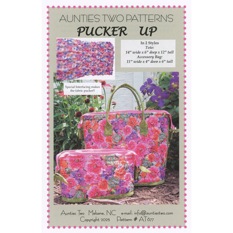 Pattern cover for Pucker Up, featuring floral bags in two styles. Size details included.