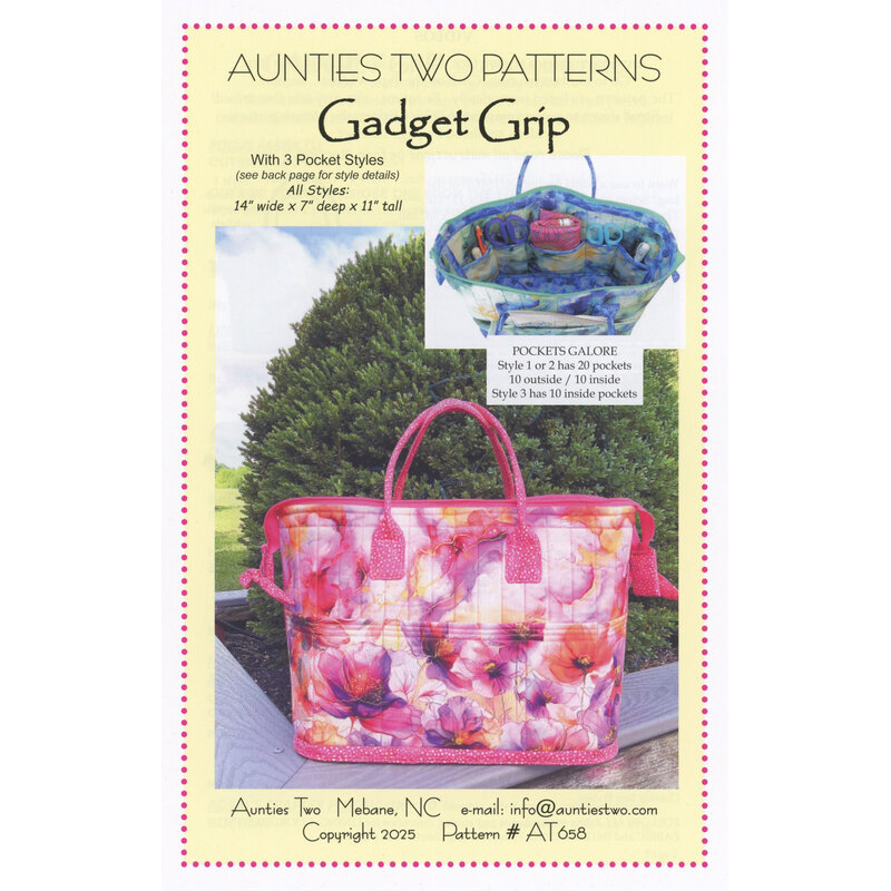 Colorful sewing pattern for Gadget Grip bag with dimensions and features listed.