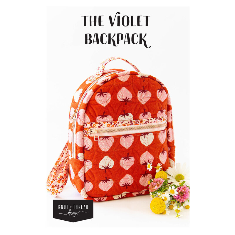 The front of The Violet Backpack Pattern featuring an attractive image of the finished bags. 