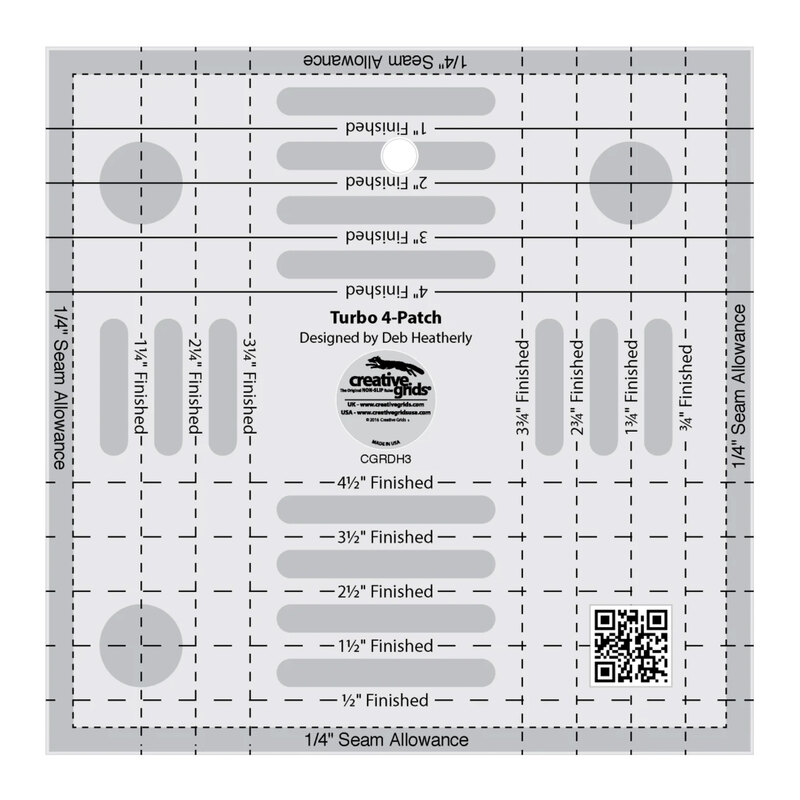 Gray quilting ruler with various measurement markings and circles, labeled for patchwork cutting.