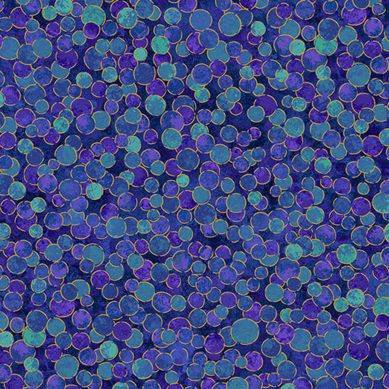 dark blue mottled fabric featuring overlapping dots of blues and teals with gold metallic outlines.