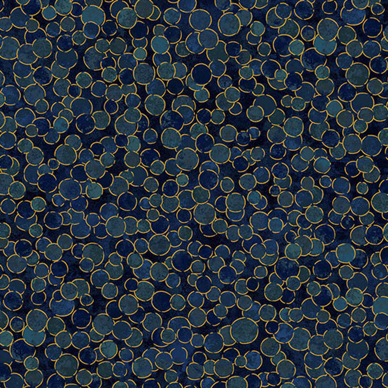 mottled dark blue fabric featuring overlapping dots of blues with gold metallic outlines.