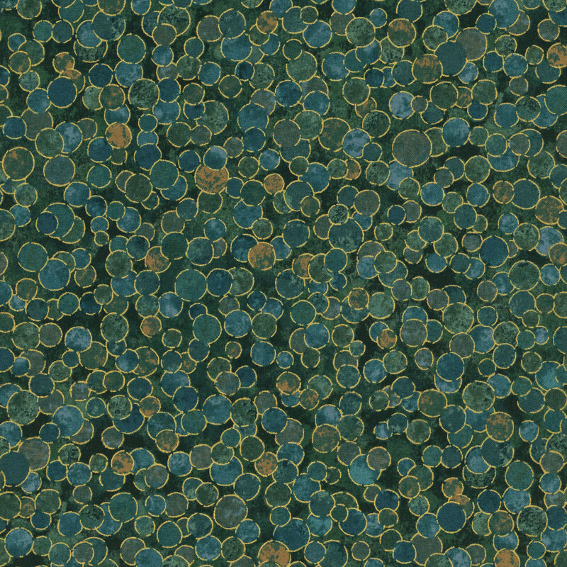 mottled green fabric features overlapping dark sage green and blue dots with gold metallic outlines.