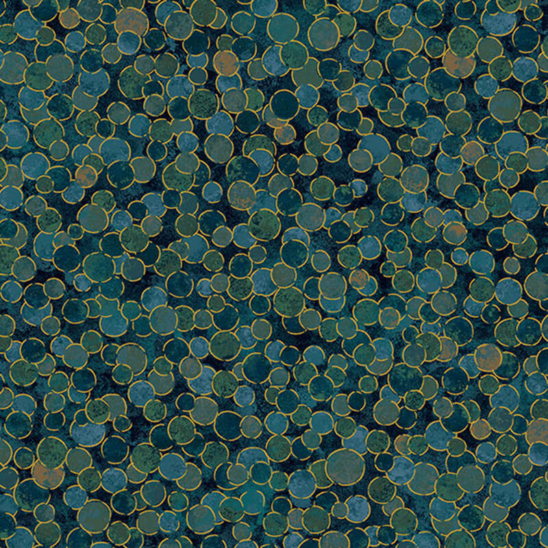 mottled dark blue fabric features overlapping dark sage green and blue dots with gold metallic outlines.
