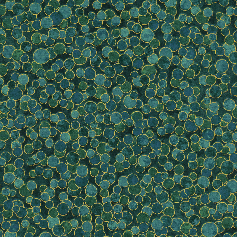 mottled jade green fabric features overlapping spruce green and viridian dots with gold metallic outlines.