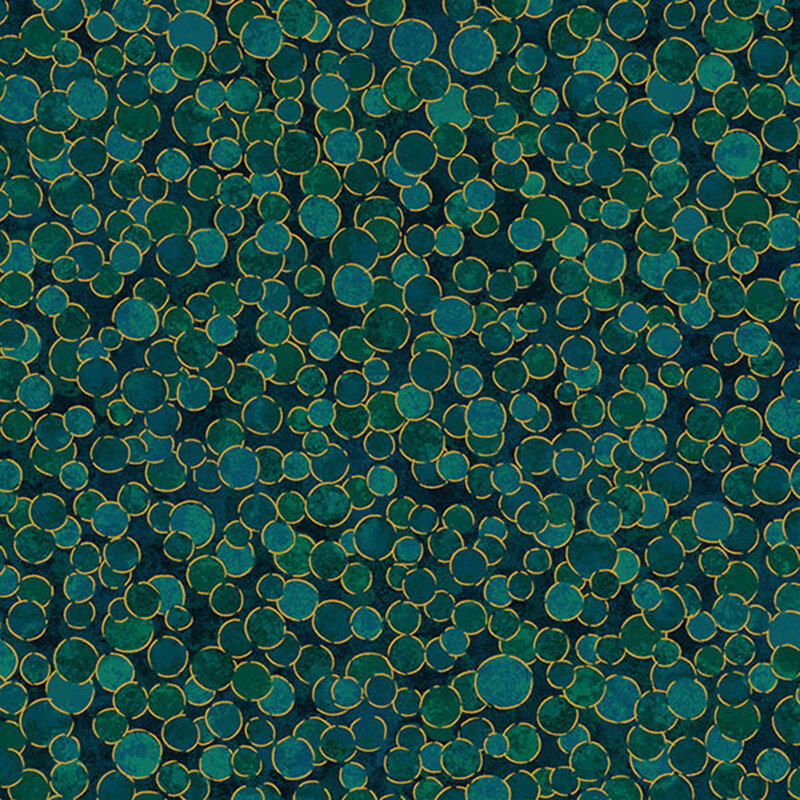 mottled phthalo green fabric features overlapping spruce green and viridian dots with gold metallic outlines.
