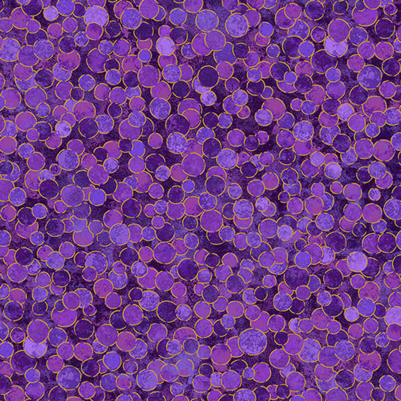 mottled dark violet fabric features overlapping orchid and lavender dots with gold metallic outlines.