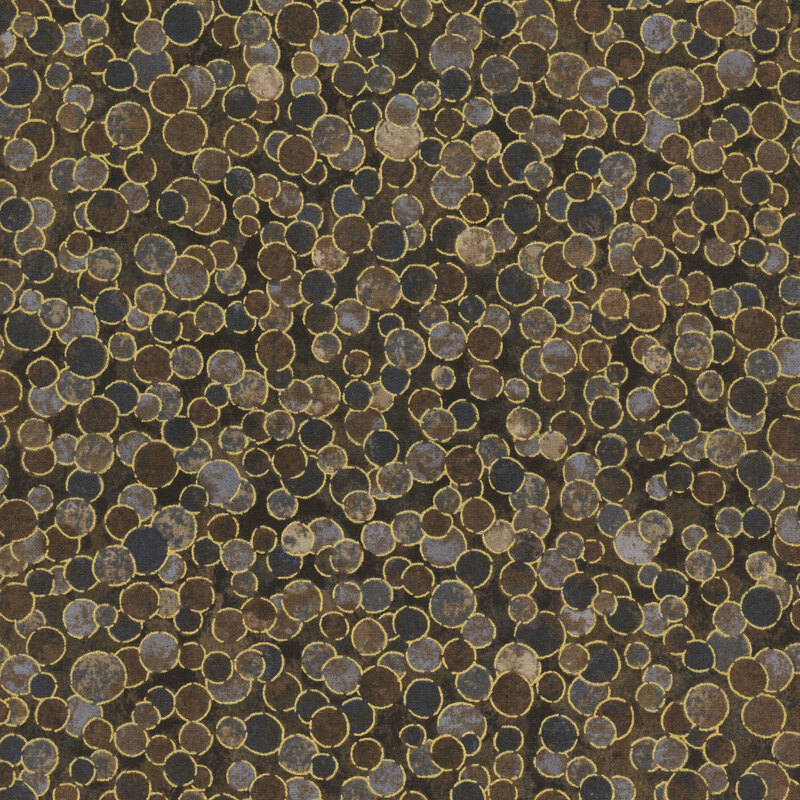 mottled brown fabric features overlapping dark brown and stone gray dots with gold metallic outlines.