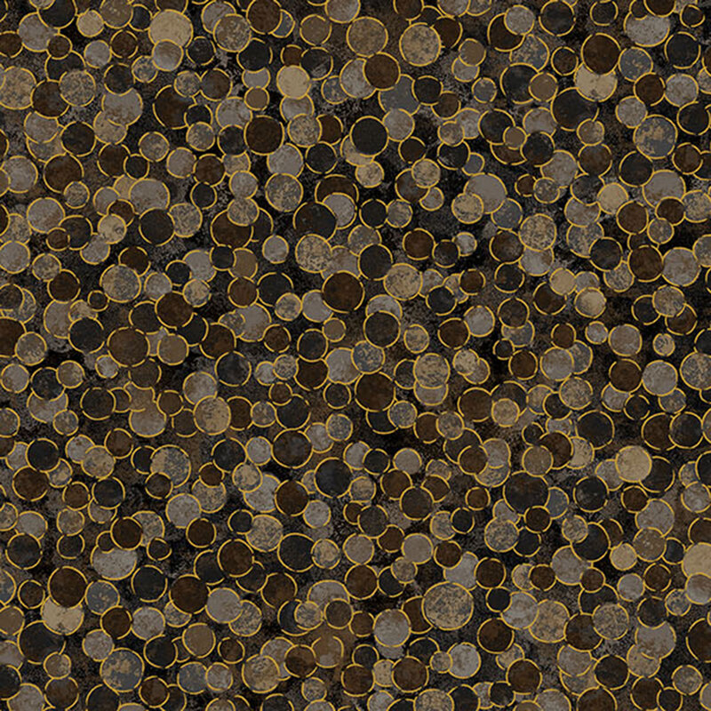 mottled black fabric features overlapping dark brown and stone gray dots with gold metallic outlines.