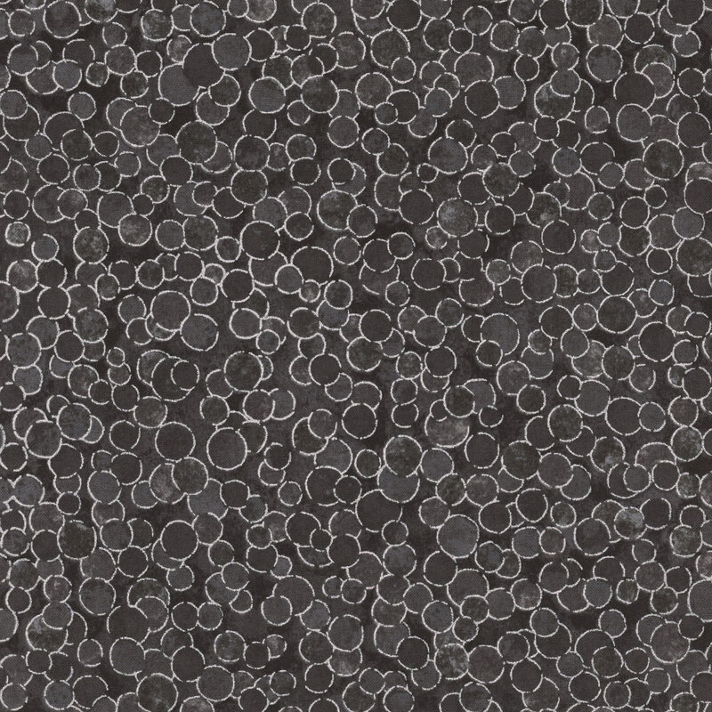 mottled black fabric features overlapping black and dark gray dots with silver metallic outlines.