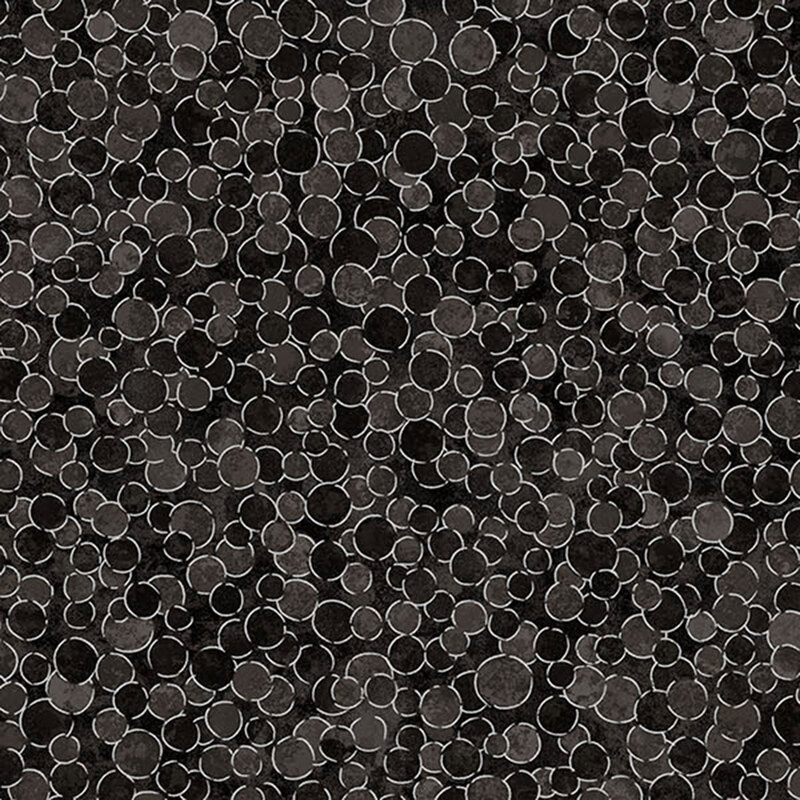 mottled black fabric features overlapping black and dark gray dots with silver metallic outlines.