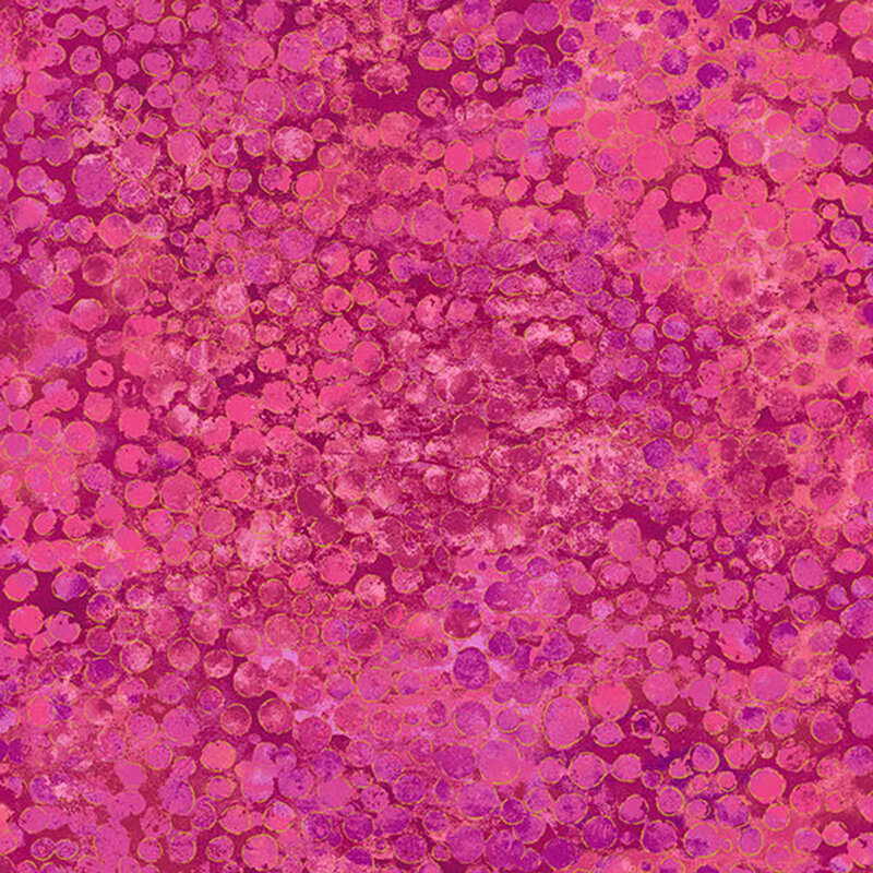 mottled bubblegum pink fabric with an abstract paint-splatter effect and gold metallic accents.