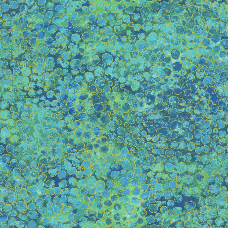 mottled aqua fabric with an abstract paint-splatter effect and gold metallic accents.