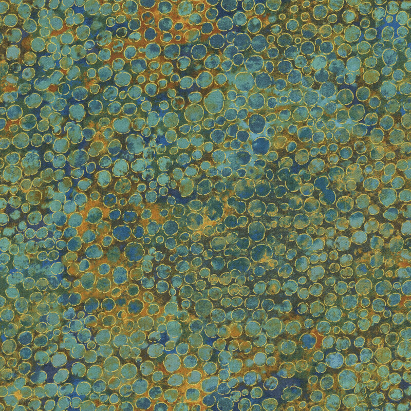 mottled muted green and brown fabric with an abstract paint-splatter effect and gold metallic accents.