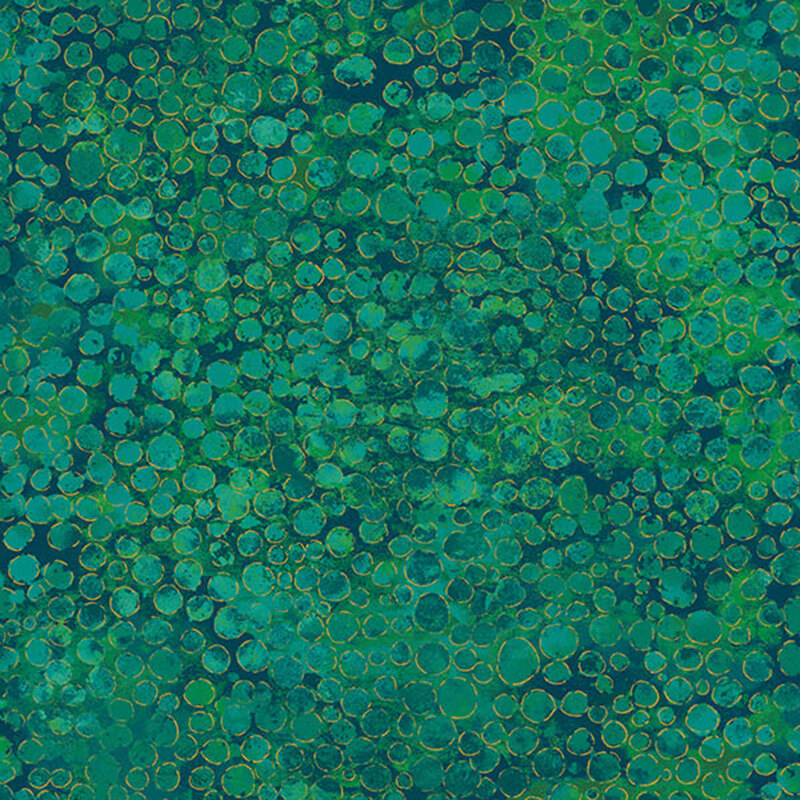 mottled kelly green fabric with an abstract paint-splatter effect and gold metallic accents.