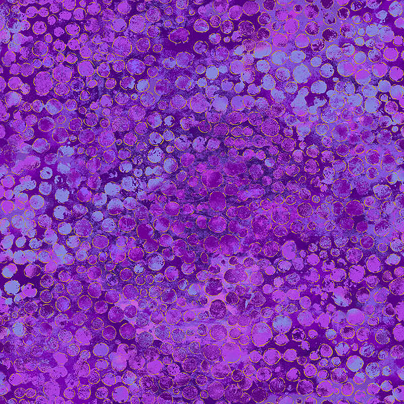 mottled purple fabric with an abstract paint-splatter effect and gold metallic accents.