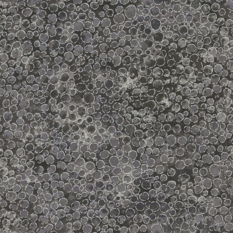 mottled black and slate gray fabric with an abstract paint-splatter effect and silver metallic accents.