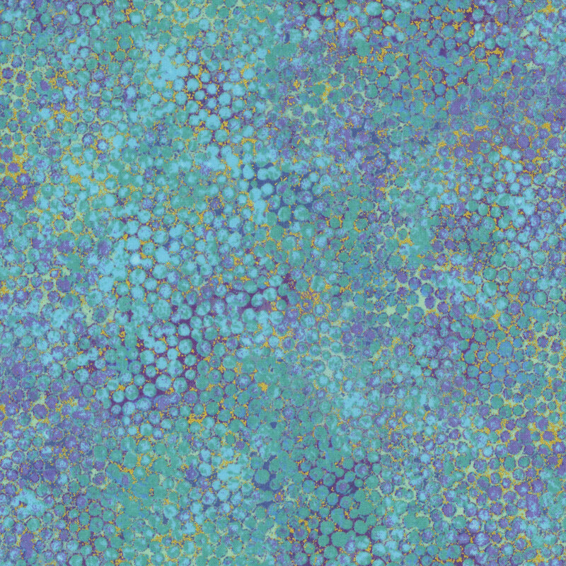 mottled aqua fabric featuring abstract dots with dark blue, yellow, and gold metallic accents.