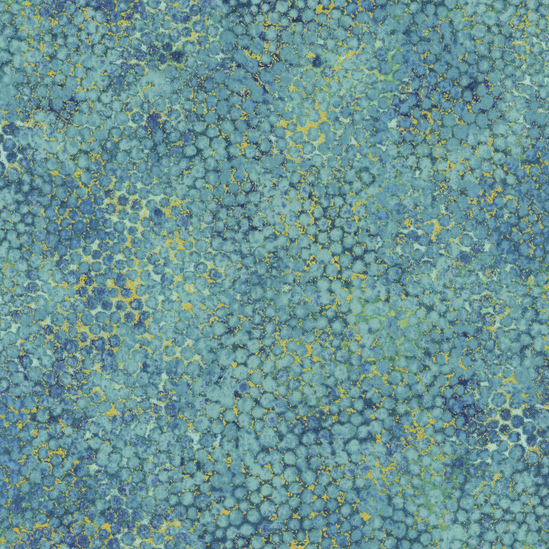 mottled viridian fabric featuring abstract dots with dark green, yellow, and gold metallic accents.