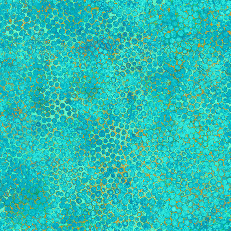 mottled aquamarine fabric featuring abstract dots with jade green, teal, and gold metallic accents.