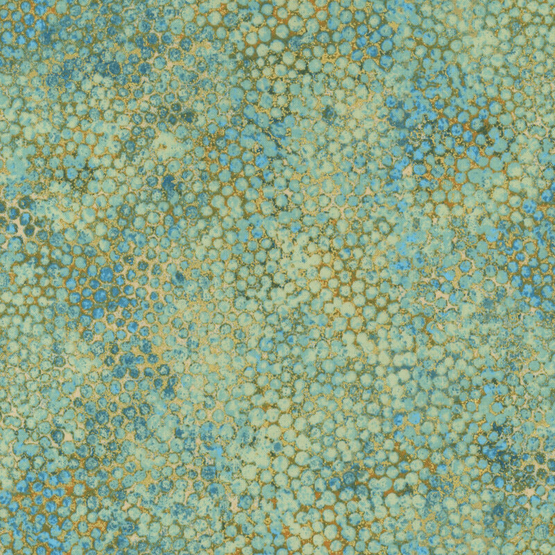 mottled sage green fabric featuring abstract dots with dark green and gold metallic accents.