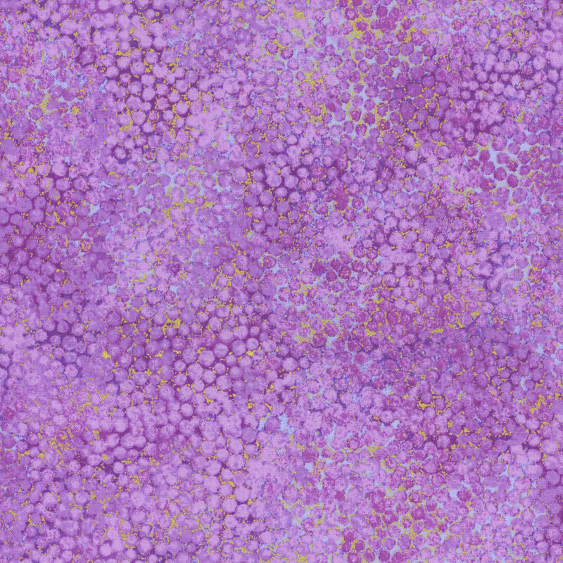 mottled heather purple fabric featuring a pitted texture pattern and gold metallic accents.