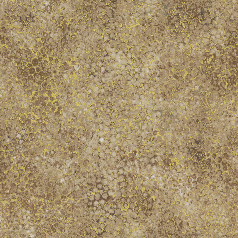 mottled olive brown fabric featuring abstract dots with tan and gold metallic accents.