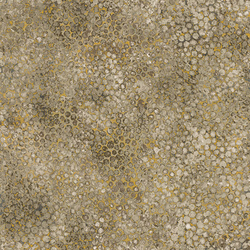 mottled olive brown fabric featuring abstract dots with tan and gold metallic accents.