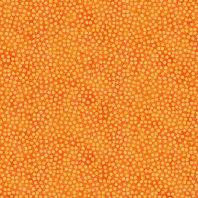 mottled tangerine fabric featuring dense, small dots with gold metallic outlines