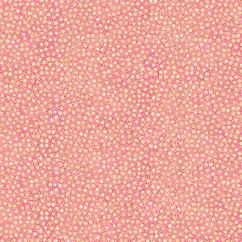 mottled pale pink fabric featuring dense, small dots with gold metallic outlines