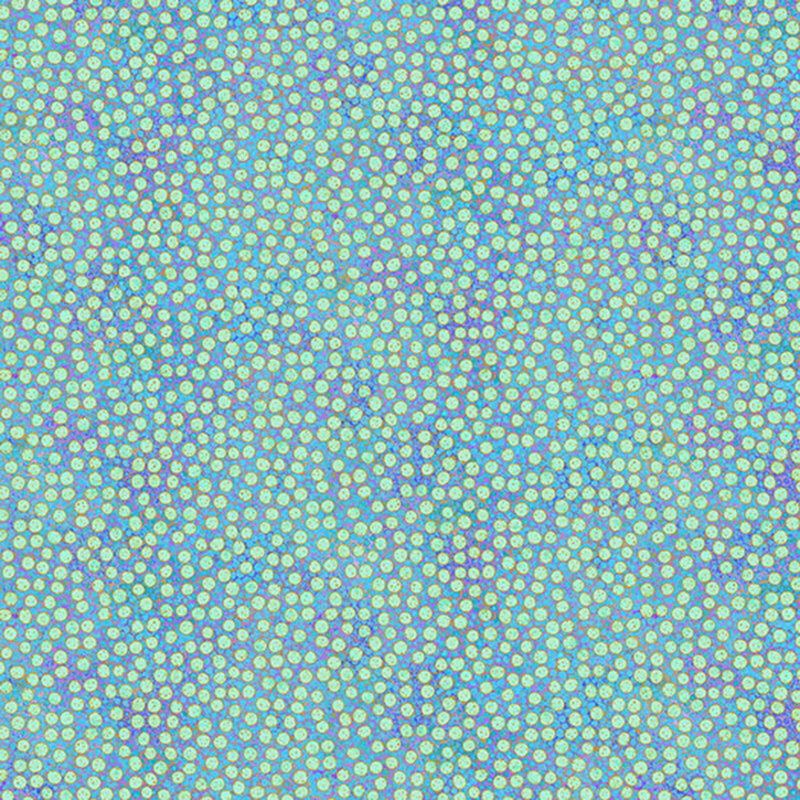 mottled dark teal blue fabric featuring dense, small teal dots with gold metallic outlines