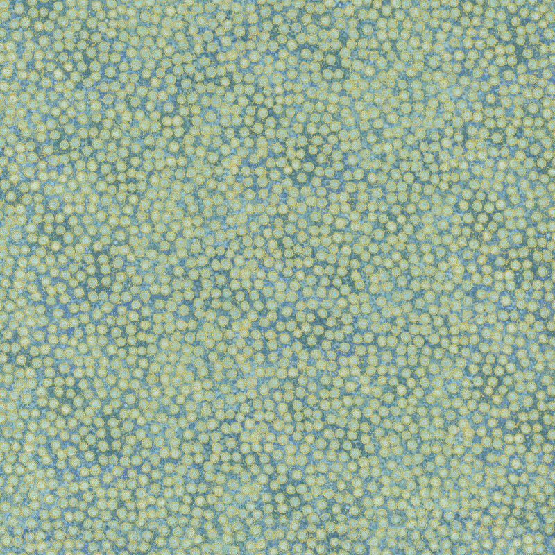 mottled jade green fabric featuring dense, small dots with gold metallic outlines