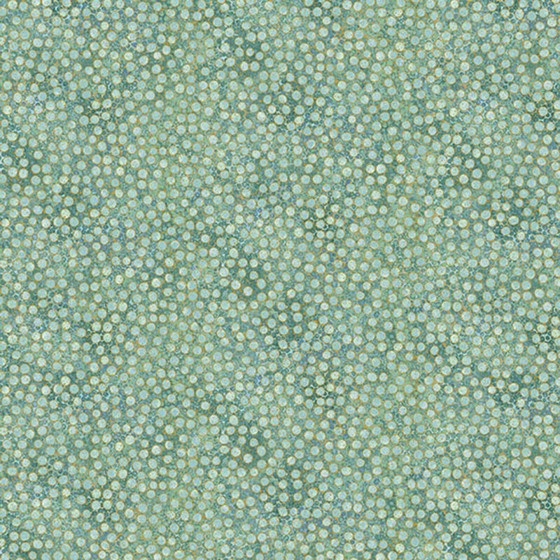 mottled sage green fabric featuring dense, small dots with gold metallic outlines