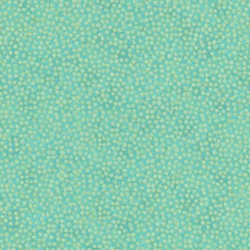 mottled aquamarine fabric featuring dense, small dots with gold metallic outlines