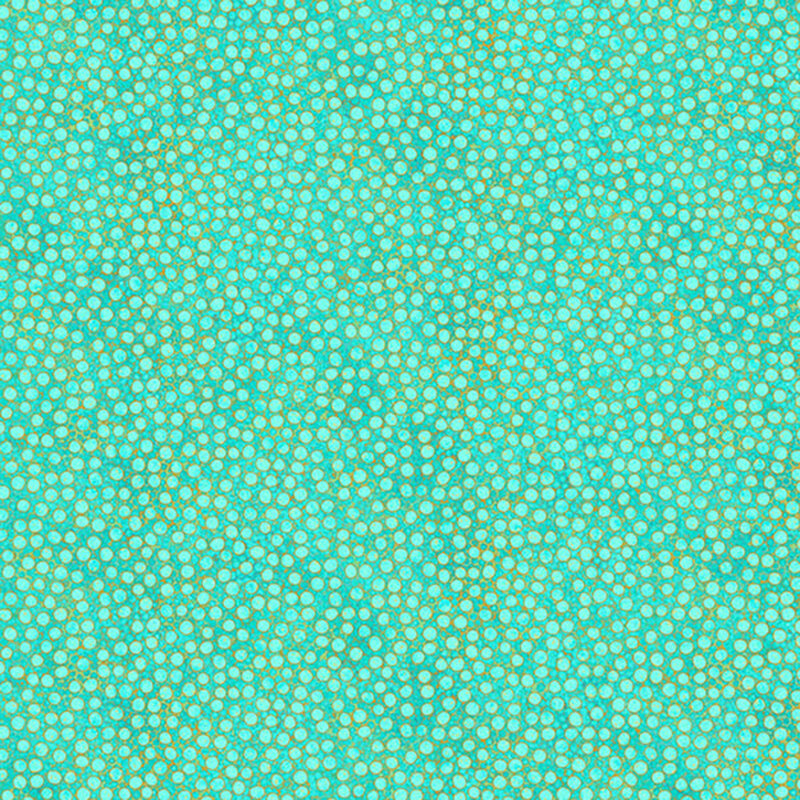 mottled aquamarine fabric featuring dense, small dots with gold metallic outlines